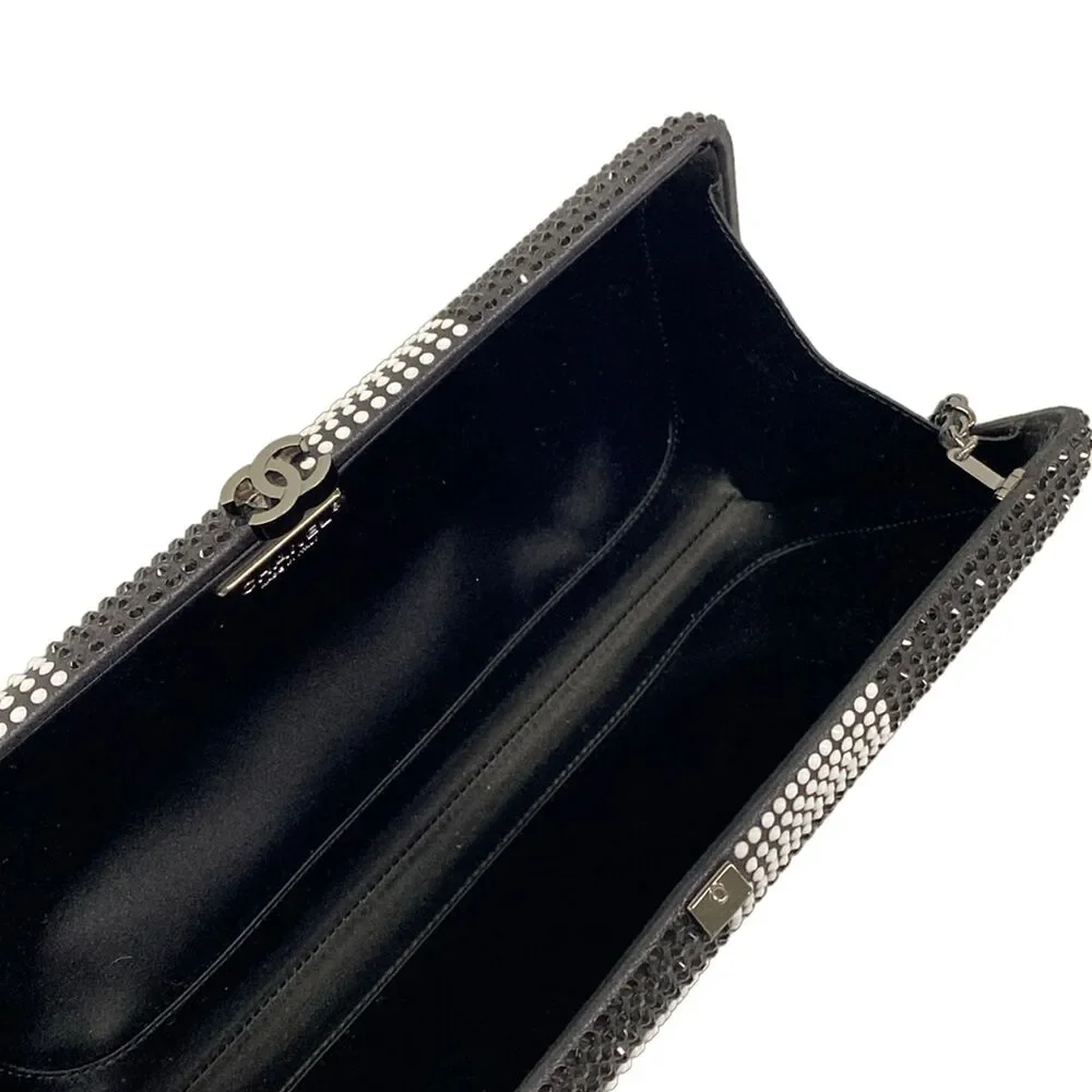 Chanel Shoulder Bag Black White Leather Rhinestones